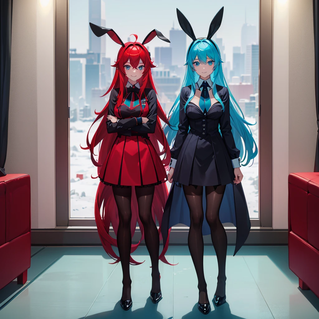 ((best quality)), ((masterpiece)), (detailed), perfect face, perfect body, 1girl, red long hair, cyan eyes, ((black bunny girl)), ((black pantyhose)), ((Seeing the girl front body)), naughty poses, bedroom windows show up night city,evil smile