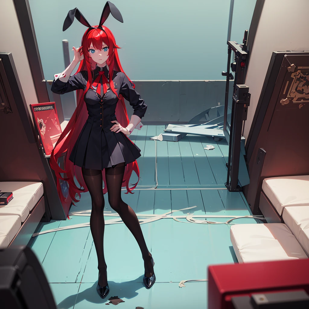 ((best quality)), ((masterpiece)), (detailed), perfect face, perfect body, 1girl,solo, red long hair, cyan eyes, ((black bunny girl)), ((black pantyhose)), ((Seeing the girl front body)), naughty poses, bedroom windows show up night city