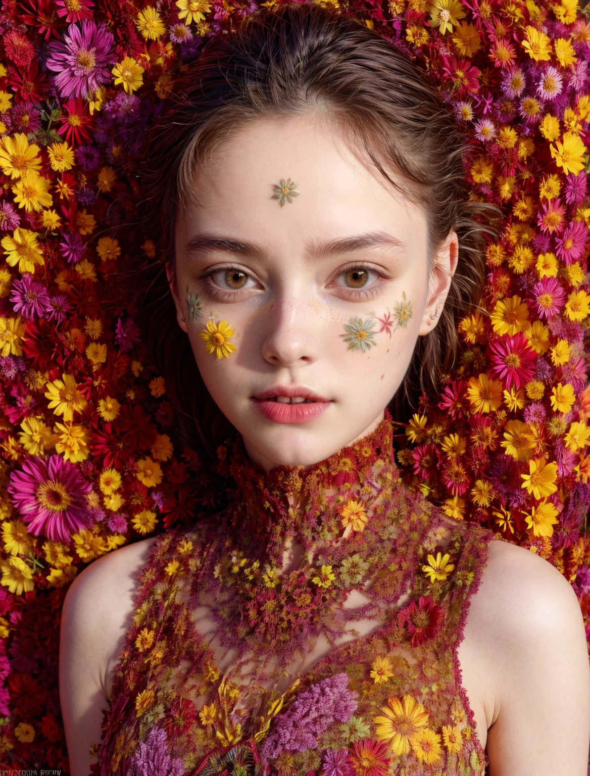 mujer, rostro, flower skin rostro, Vistoso, vestido de flores, Increiblemente hermoso, fotografía en bruto ultra HD, fotografía Canon EOS R5 8k, 