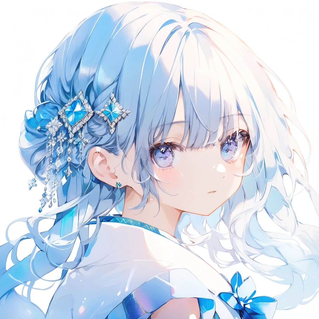 One girl, Long Hair, pastel colour, Portraiture, Medium chest, Line art, Simple Background, (watercolor:0.5)Light blue hair、Light blue eyes、Gemstone motif、Sparkling、high resolution、Highest quality、Medium Hair、Outside flip、cute、Stylish design background（Light blue and white）、