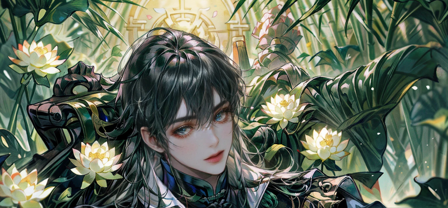 extraordinarily beautiful youth, a bright, innocent smile,All green clothing,(absurdres, highres, ultra detailed, HDR), masterpiece, best quality, (1 boy) , boy character ,((Thick black long hair)),beautiful face,detailed interior, detailed character,((man)),(lotus Flowers in bamboo forest), black hair,he smile,(white lotus), house of China in bamboo Forest , beautiful and cute man ,(long black hair),black eyes,((solo man)),(he has a Big eyes, charming lips, slim nose and small face),(slim figures and no muscle),thin boy,slim body, slim figures  ,very long hair,( black eyes)