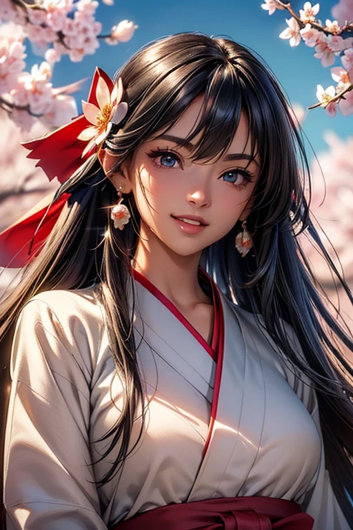 #Basics A girl is posing for a photo, アニメのかわいい女の子, (((One Girl, Baby Face, Young girl, 16 years old))), 
BREAK 

#Clothing Accessories 
(Shrine maiden costume : A white haori with large sleeves + Embroidered with cherry blossoms + Deep red hakama skirt + Flower-shaped hair ornament + Shrine maiden costume of a traditional Japanese shrine), ((Tanned dark skin)), Silver earrings, 
BREAK 

#Features 
(Black Hair), (Straight cut bangs), (Long Hair + Straight Hair + Straight hair without any kinks),  
(Droopy eyes, Blue eyes), (Small breasts),  
BREAK 

#background environment 
((noon, Sunshine, shrine + cherry blossoms, blue sky)), 
#Facial Expression Pose
((Big happy smile + Mouth wide open + Teeth are visible), (Standing looking up at the sky)), 
#composition 
((Angle from the front, Cowboy Shot)), 
BREAK 

#Body parts elements 
(Detailed hair, Beautiful Hair, Shiny Hair), 
(double eyelid, Long eyelashes), 
(Expression of fine eyes, Beautiful and delicate eyes, Sparkling eyes, Eye Reflexes, glitter eyeliner), 
(Human Ear), 
(Beautiful Nose, Thin Nose), 
(Glossy lips, Beautiful Lips, Thick lips, Glossy Lips, Natural Cheeks), 
(Detailed face, Symmetrical facial features), 
(Detailed skin, Textured skin, Beautiful Skin, Shiny skin), 
BREAK 

#Quality 
(((Highest quality)), ((masterpiece)), ((Very detailed))), ((High resolution), (16K,1080P)), 
(Realistic), (Anatomically correct), 
((comics, アニメ)), (3DCG), CG illustration,

