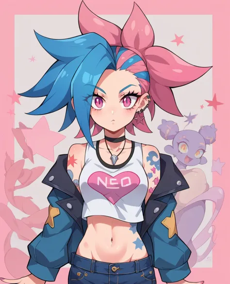 em uma praia com grande luar elementos sombrios style, modern jinx lol + girl broly sexy decote big tits orange pink lux dark se...