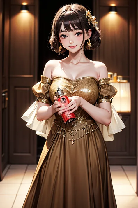 ((Masterpiece,best quality)), 4K, height, 1 girl, alone, smile, Brown dress, (Perfumer costume 2:1.2), 