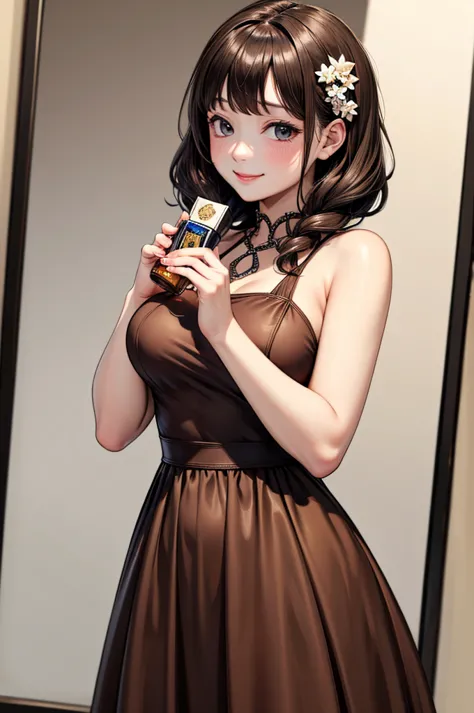 ((Masterpiece,best quality)), 4K, height, 1 girl, alone, smile, Brown dress, (Perfumer costume 2:1.2), 
