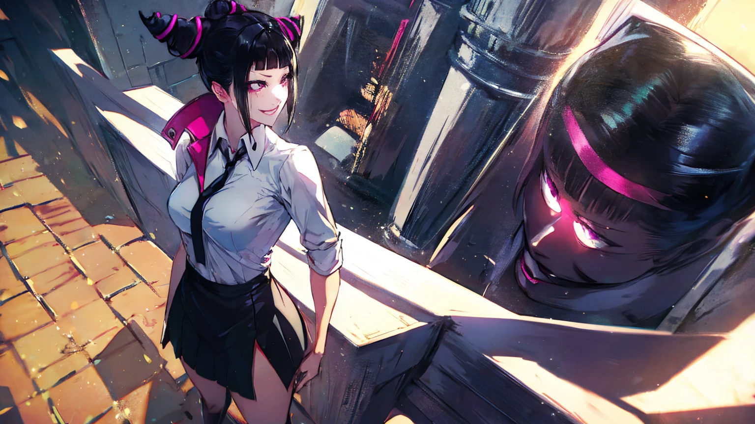 juri han, looking back,hands in pocket,work of art, tight white secretary shirt with black tie, black high waist skirt, short skirt,stocking, black hair, black tightscary sun,office,bangs on the eyes,lighting,horn of hair,view from above,evil smile,beautiful ass detailed
