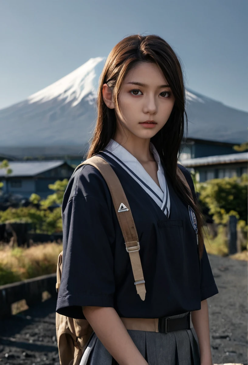 Dystopian, sideLight,thin,Glossy Makeup,Sweat,Blurred Background,rim_Light,frontLight,22 years old,
Rio,(School_uniform:1.2),
Mount Fuji in the background,summer,full_shot,, dark, Post-apocalyptic, dark, dramatic, Very detailed, (close:1.2)