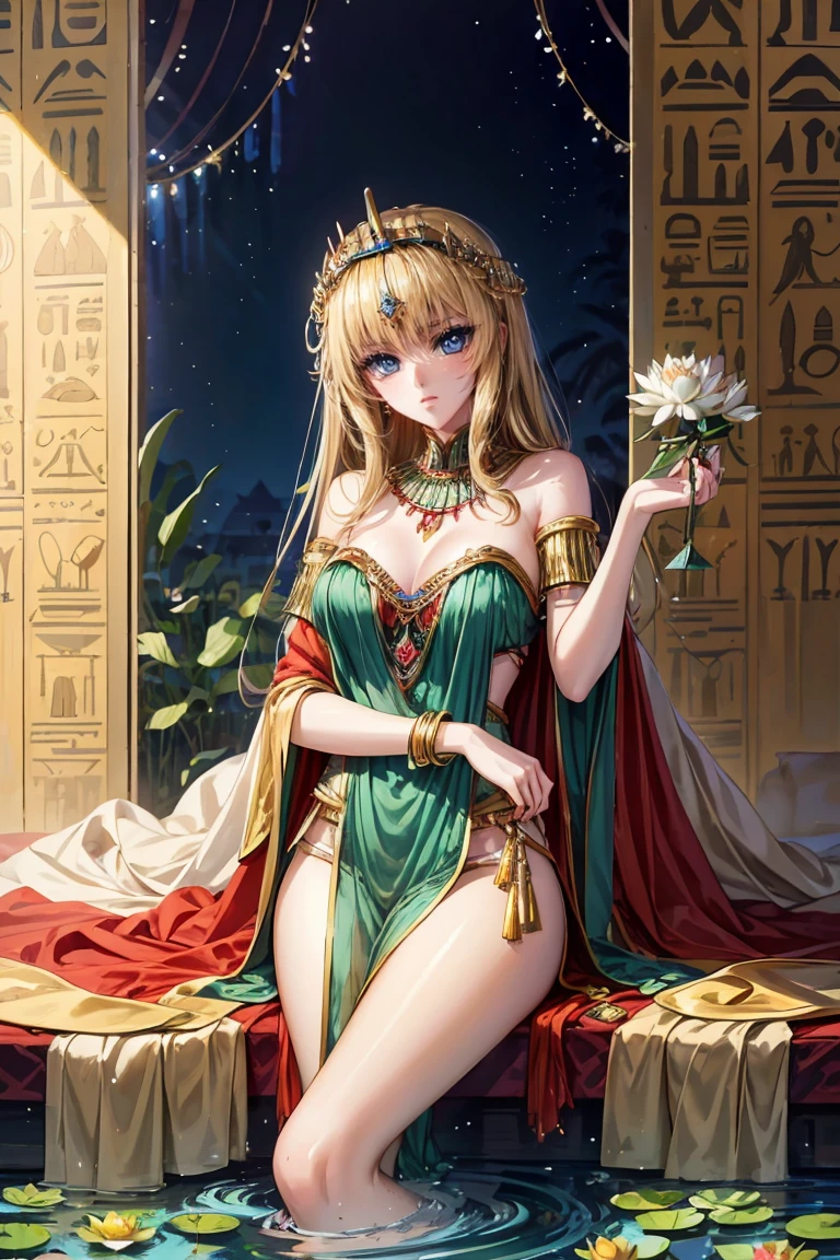 1 Girl,Blonde hair，straight blonde hair，Egyptian clothing，Egyptian Dress Up，Egyptian Queen，Welcome，Young girls，Emerald eyes，Exquisite eyes，beautiful脸庞，Stand by the lotus pond，Detailed CG，image，beautiful，Smooth and fair skin，Ultra high quality，Egyptian Eyeliner，Egypt Baotou