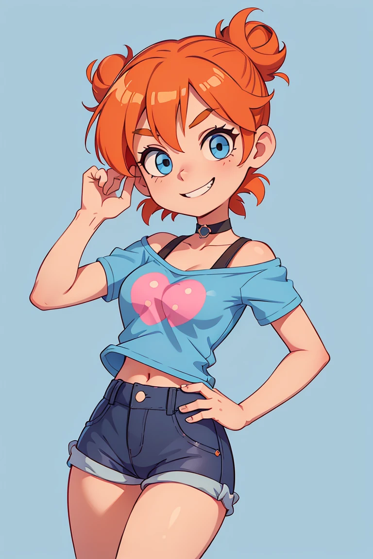 1girl, solo, orange hair, twin buns, blue eyes, eyeliner, light grin, medium breasts, pink t-shirt, black choker, bare shoulders, denim shorts, light blue sneakers