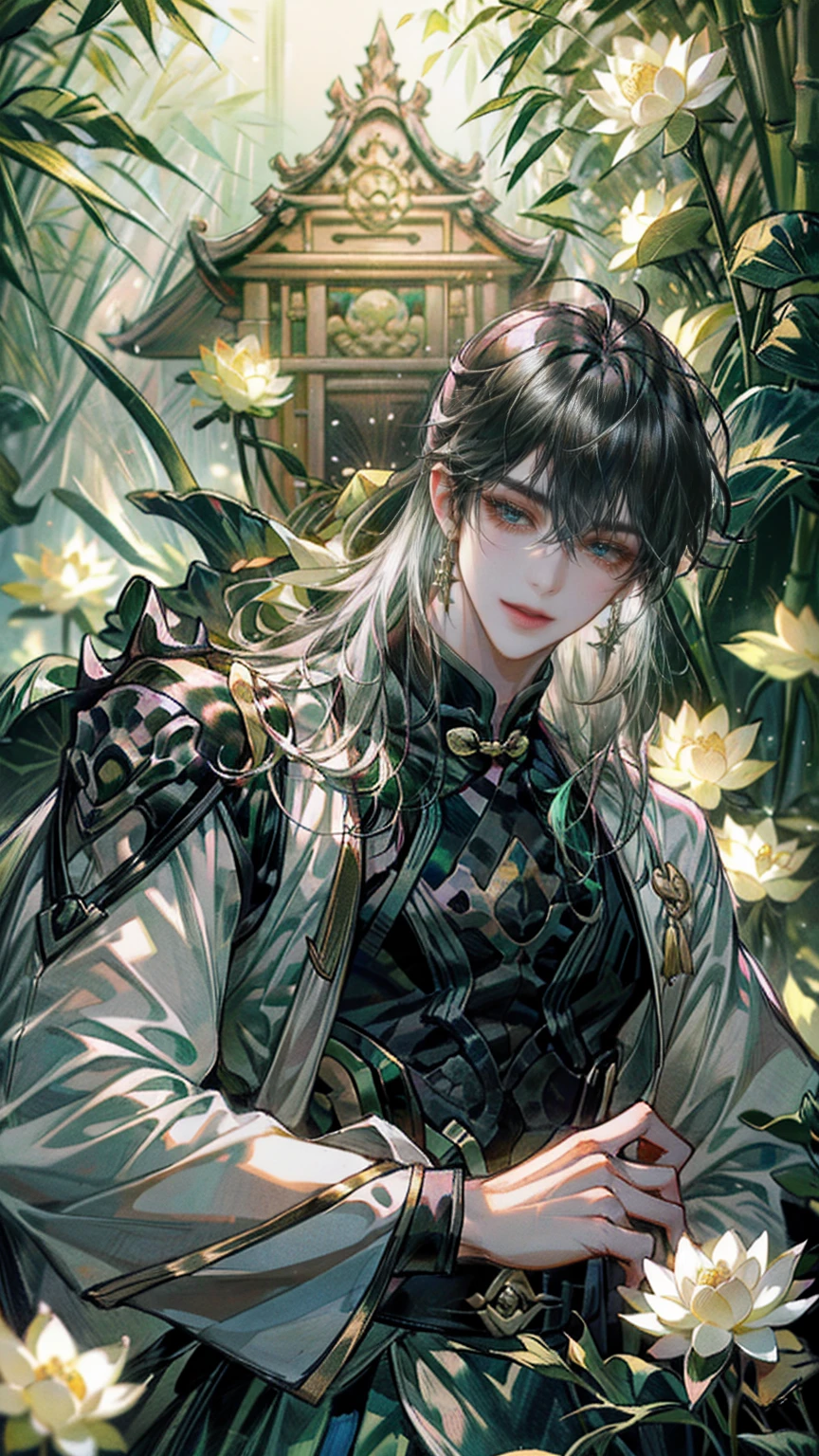 extraordinarily beautiful youth, a bright, innocent smile,All green clothing,(absurdres, highres, ultra detailed, HDR), masterpiece, best quality, (1 boy) , boy character ,((Thick black long hair)),beautiful face,detailed interior, detailed character,((man)),(lotus Flowers in bamboo forest), black hair,he smile,(white lotus), house of China in bamboo Forest , beautiful and cute man ,(long black hair),black eyes,((solo man)),(he has a Big eyes, charming lips, slim nose and small face),(slim figures and no muscle),thin boy,slim body, slim figures  ,very long hair,( black eyes)