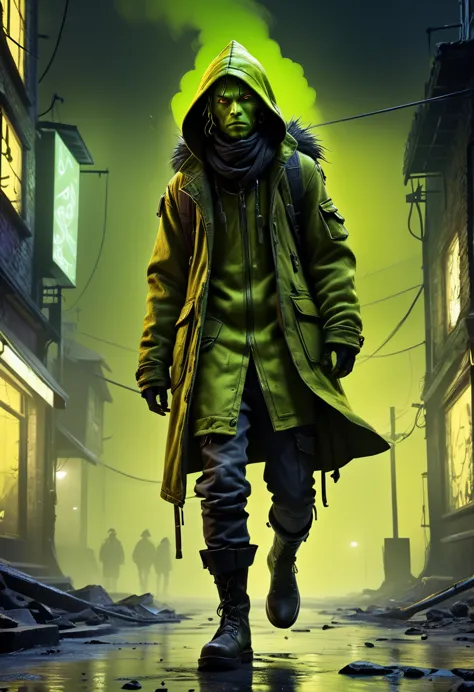 a high-quality digital artwork of a chartreuse vagabond, feeling safe from harm but out of luck, in a scene inspired by "battle ...