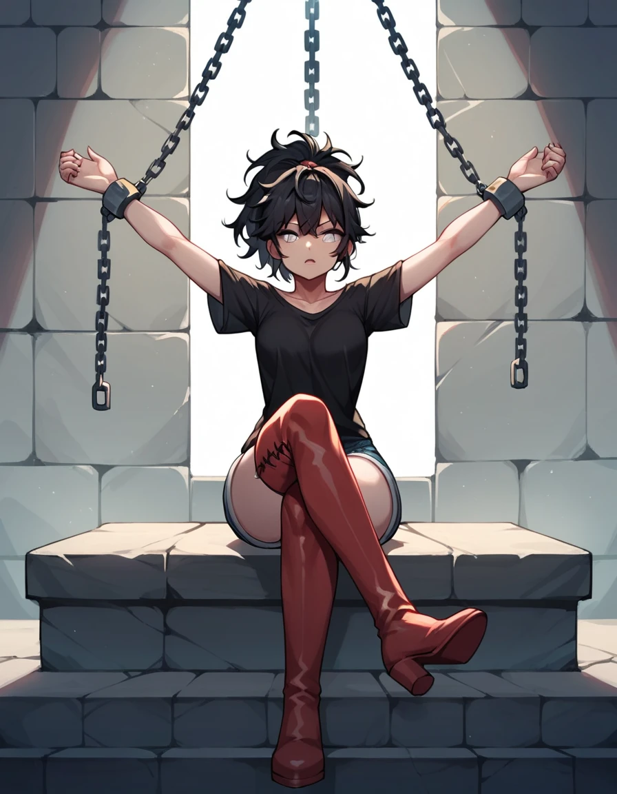 score_9, score_8_up, score_7_up, score_6_up, score_5_up, score_4_up, source_anime, 1girl, black hair, ponytail, white eyes, w-w-chain, shackles, spread arms,crossed legs, messy hair, black shirt, shorts,thigh high boots,red boots, dungeon, best quality, best res, 4K UHD,
 