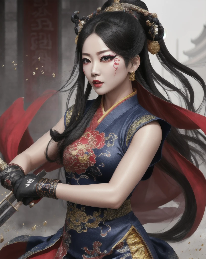 Color Ink Splashing, best quality,masterpiece,highly detailed,ultra-detailed,   beijing opera, solo, 1girl, black hair, makeup  ,fighting stance, holding weapon, portrait, 
<f