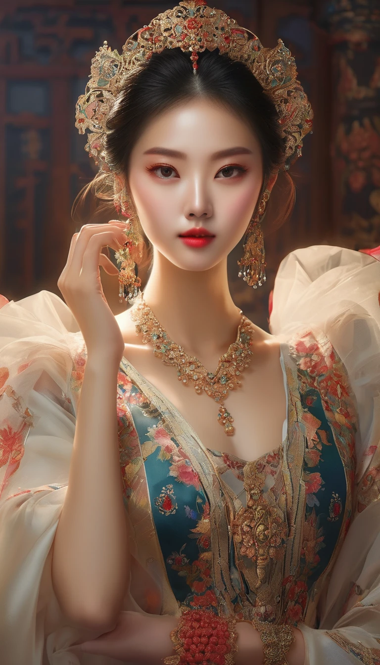 (masterpiece, best quality:1.2), Elegant girl, Striking pose, Exquisite detail features, Sharp eyes, Hooked nose, Sexy lips, Gorgeous clothing, Symmetrical composition, light, Dramatic chiaroscuro, Rich color palette, High contrast, The art of math, Reality，Xianxia