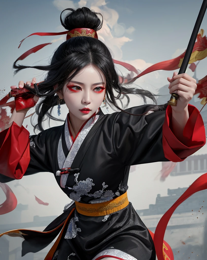 Color Ink Splashing, best quality,masterpiece,highly detailed,ultra-detailed,   beijing opera, solo, 1girl, black hair, makeup  ,fighting stance, holding weapon, portrait, 
<f