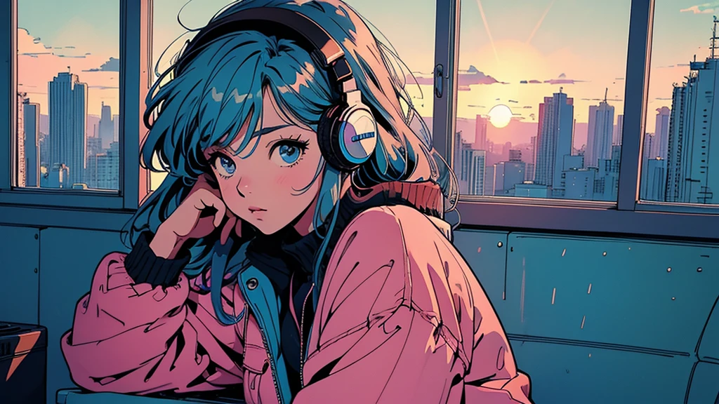 anime girl sitting on floor looking out window at city, anime aesthetic, anime vibes, lofi artstyle, Lo-fi portrait by the window, Watching the Sunset. anime, Lofty Girl, anime art wallpaper 4 k, anime art wallpaper 4k, anime art wallpaper 8 k, anime background art, Lofi Color, Lofi Art, anime asthetic,masterpiece, Highest quality, Rainbow Style, anime, Beautiful Asian Girl, Along the Hawaiian Coast, Cute and dreamy,anime,Illustrator,LOFI Girl, Blues,landscape,Sunset, night、Girl listening to music in a cozy room, Use headphones, 2D Style Anime, Rain outside the window、Analog Color Theme、Ghibli style1 girl, ,lip, sweater,order, Blue gradient background, Neon Hair,Textured Trim, Canadian, (masterpiece,Highest quality), Battle DJ girl in HIPHOP fashion wearing DJ headphones,