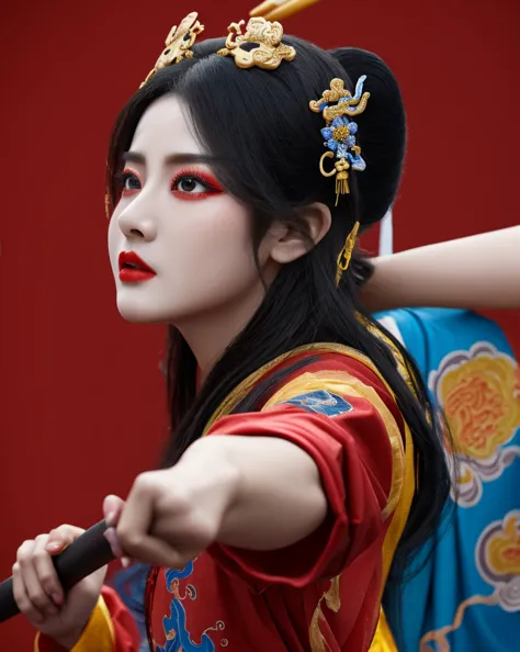 color ink splashing, best quality,masterpiece,highly detailed,ultra-detailed,   beijing opera, solo, 1girl, black hair, makeup  ...