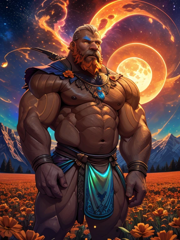expansive landscape photograph , (a view from below that shows sky above and open field below), Devlin Waugh an old bald muscular man with beard with hands on shoulders of younger man, wearing loincloth, standing on flower field looking up, (full moon:1.2), ( shooting stars:0.9), (nebula:1.3), distant mountain, tree BREAK production art, (warm light source:1.2), (Firefly:1.2), lamp, lot of purple and orange, intricate details, volumetric lighting, realism BREAK (masterpiece:1.2), (best quality), 4k, ultra-detailed, (dynamic composition:1.4), highly detailed, colorful details,( iridescent colors:1.2), (glowing lighting, atmospheric lighting), dreamy, magical,
