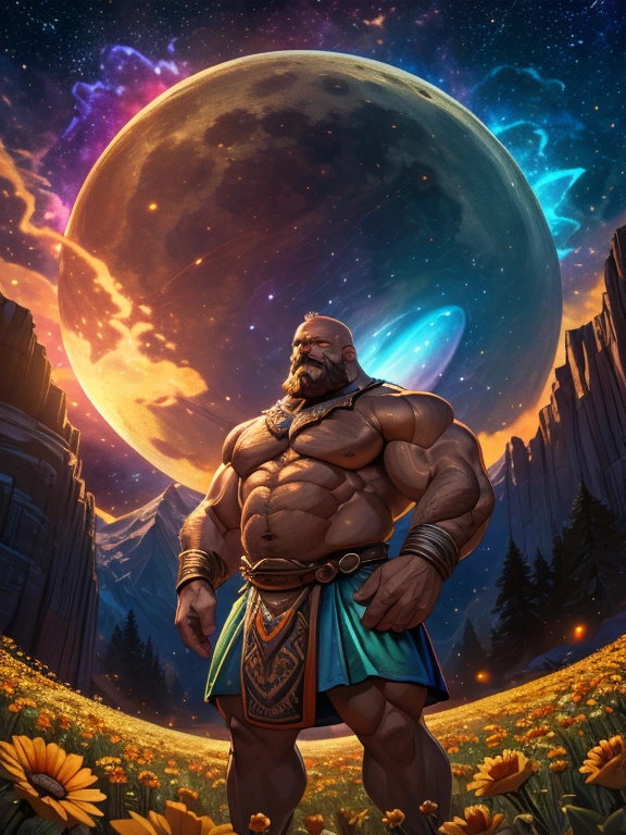 expansive landscape photograph , (a view from below that shows sky above and open field below), Devlin Waugh an old bald muscular man with beard with hands on shoulders of younger man, wearing loincloth, standing on flower field looking up, (full moon:1.2), ( shooting stars:0.9), (nebula:1.3), distant mountain, tree BREAK production art, (warm light source:1.2), (Firefly:1.2), lamp, lot of purple and orange, intricate details, volumetric lighting, realism BREAK (masterpiece:1.2), (best quality), 4k, ultra-detailed, (dynamic composition:1.4), highly detailed, colorful details,( iridescent colors:1.2), (glowing lighting, atmospheric lighting), dreamy, magical,