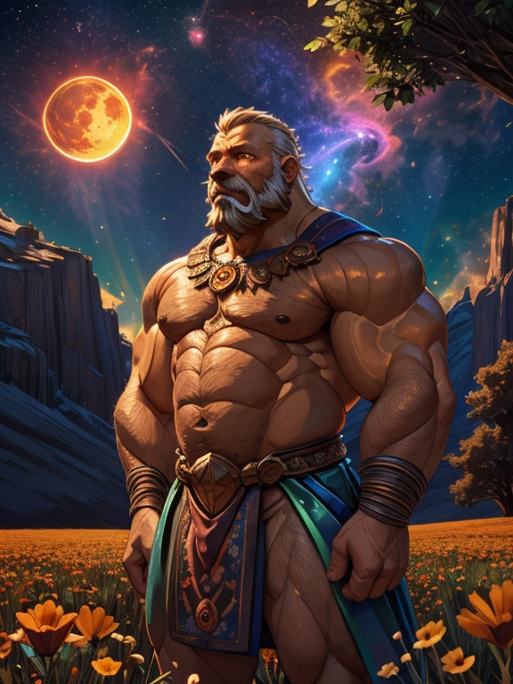 expansive landscape photograph , (a view from below that shows sky above and open field below), Devlin Waugh an old bald muscular man with beard with hands on shoulders of younger man, wearing loincloth, standing on flower field looking up, (full moon:1.2), ( shooting stars:0.9), (nebula:1.3), distant mountain, tree BREAK production art, (warm light source:1.2), (Firefly:1.2), lamp, lot of purple and orange, intricate details, volumetric lighting, realism BREAK (masterpiece:1.2), (best quality), 4k, ultra-detailed, (dynamic composition:1.4), highly detailed, colorful details,( iridescent colors:1.2), (glowing lighting, atmospheric lighting), dreamy, magical,