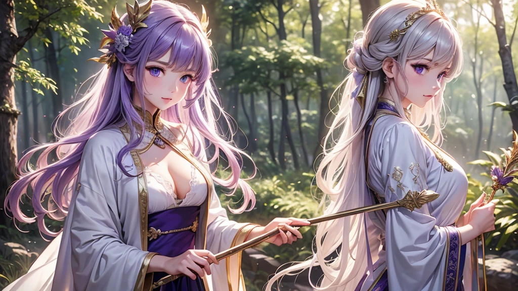 (8k, best quality, masterpiece:1.2), fire emblem genealogy of the holy war, diadora, lavender hair, wavy hair, delicate, long staff, white-based robe, beautiful girl, in the forest, glamorous, purple eyes, mystical, golden dragon, beautiful eyes