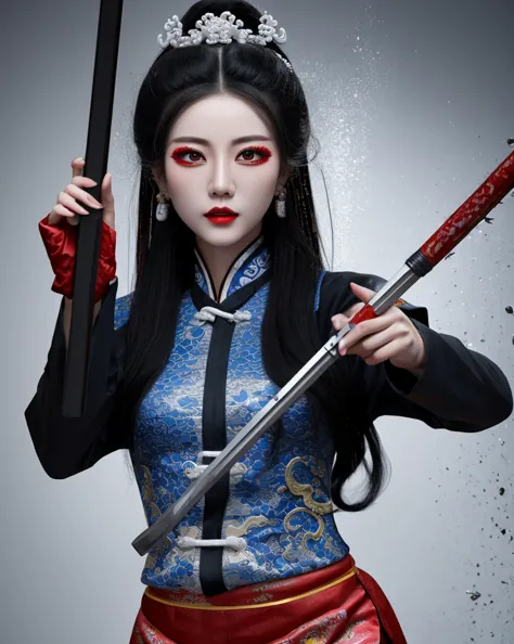 color ink splashing, best quality,masterpiece,highly detailed,ultra-detailed,   beijing opera, solo, 1girl, black hair, makeup  ...