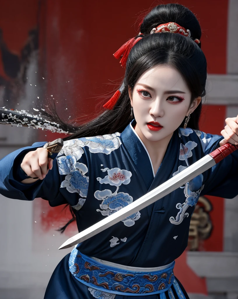 Color Ink Splashing, best quality,masterpiece,highly detailed,ultra-detailed,   beijing opera, solo, 1girl, black hair, makeup  ,fighting stance, holding weapon, portrait, 
<f