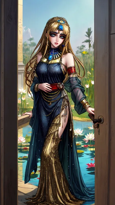 [((a young and beautiful egyptian girl with straight blonde hair and emerald eyes is standing by a lotus pond. she is dressed in...