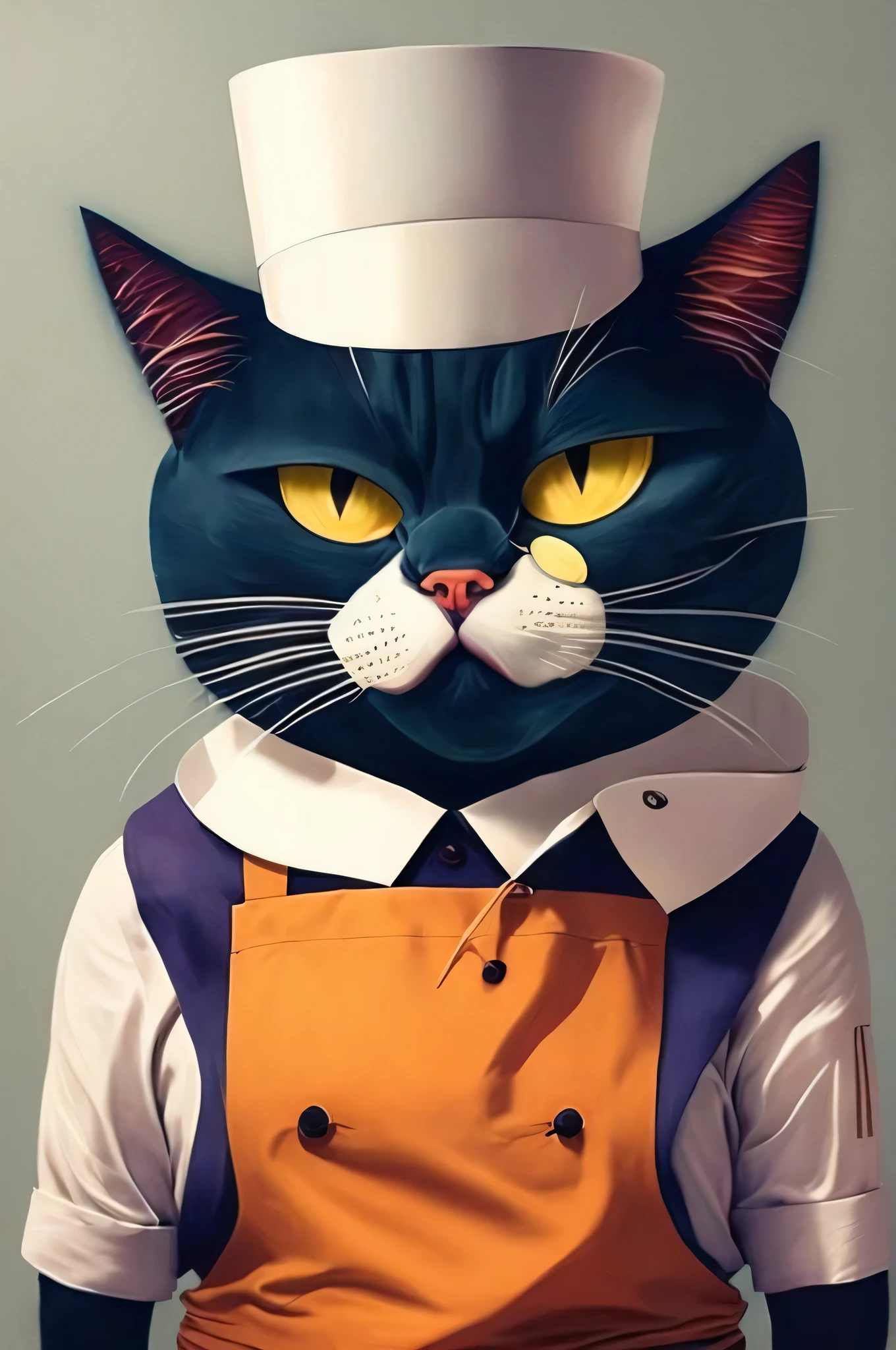 Chef francés con cara de gato、Trabajo de arreglo、expresión seria、(pose dinámica:1.4)、Obras de arte destacadas、(Obras maestras de vanguardia:1.6)、Colores llamativos、