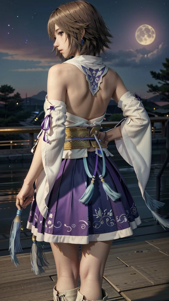 (masterpiece, Highest quality:1.3)
Yuna ff10,  1 Girl, alone,  short hair, blue eyes, skirt, Brown Hair, hair ornaments, jewelry, Green Eyes, Are standing, whole body, boots, Removed sleeve, kimono, good, Heterochromia iridis, in the same way, in the same way skirt, blue in the same way, purple in the same way, Yuna (ff10)、Back view、Looking back、Night view、lake、forest