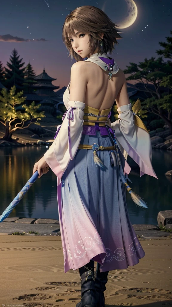 (masterpiece, Highest quality:1.3)
Yuna ff10,  1 Girl, alone,  short hair, blue eyes, skirt, Brown Hair, hair ornaments, jewelry, Green Eyes, Are standing, whole body, boots, Removed sleeve, kimono, good, Heterochromia iridis, in the same way, in the same way skirt, blue in the same way, purple in the same way, Yuna (ff10)、Back view、Looking back、Night view、lake、forest