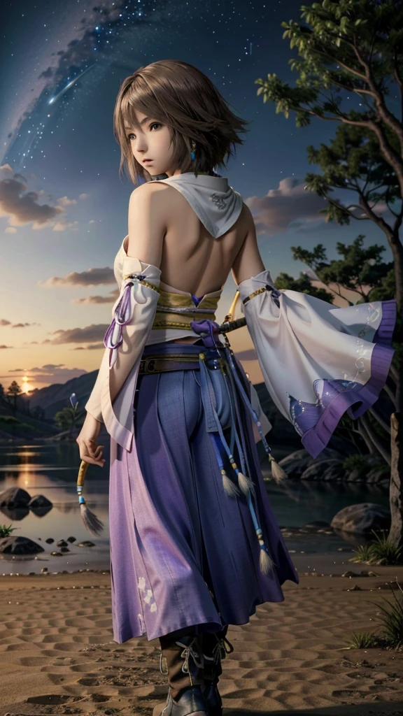 (masterpiece, Highest quality:1.3)
Yuna ff10,  1 Girl, alone,  short hair, blue eyes, skirt, Brown Hair, hair ornaments, jewelry, Green Eyes, Are standing, whole body, boots, Removed sleeve, kimono, good, Heterochromia iridis, in the same way, in the same way skirt, blue in the same way, purple in the same way, Yuna (ff10)、Back view、Looking back、Night view、lake、forest