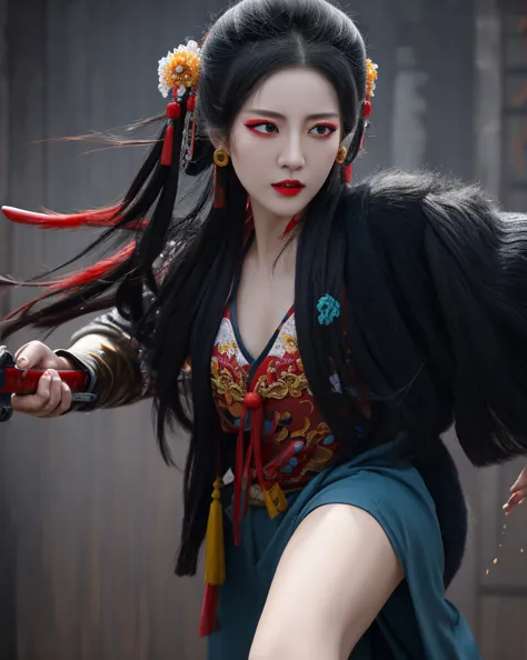 color ink splashing, best quality,masterpiece,highly detailed,ultra-detailed,   beijing opera, solo, 1girl, black hair, makeup  ...