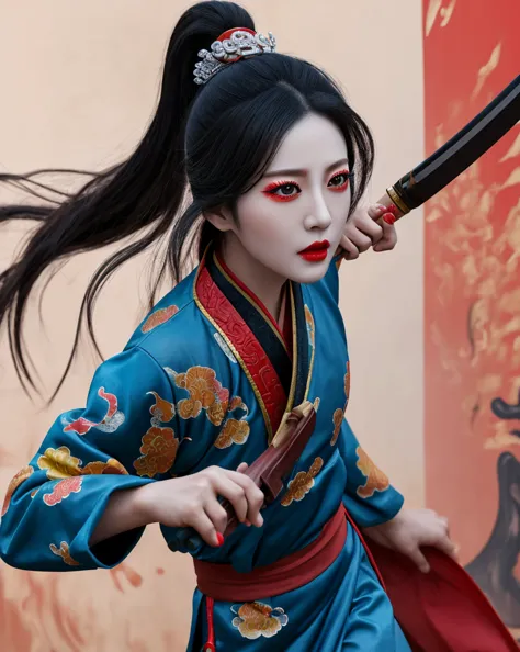 color ink splashing, best quality,masterpiece,highly detailed,ultra-detailed,   beijing opera, solo, 1girl, black hair, makeup  ...