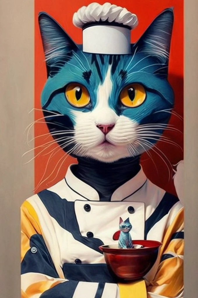 Chef francés con cara de gato、Trabajo de arreglo、expresión seria、(pose dinámica:1.2)、Obras de arte destacadas、(Obras maestras de vanguardia:1.6)、Colores llamativos、