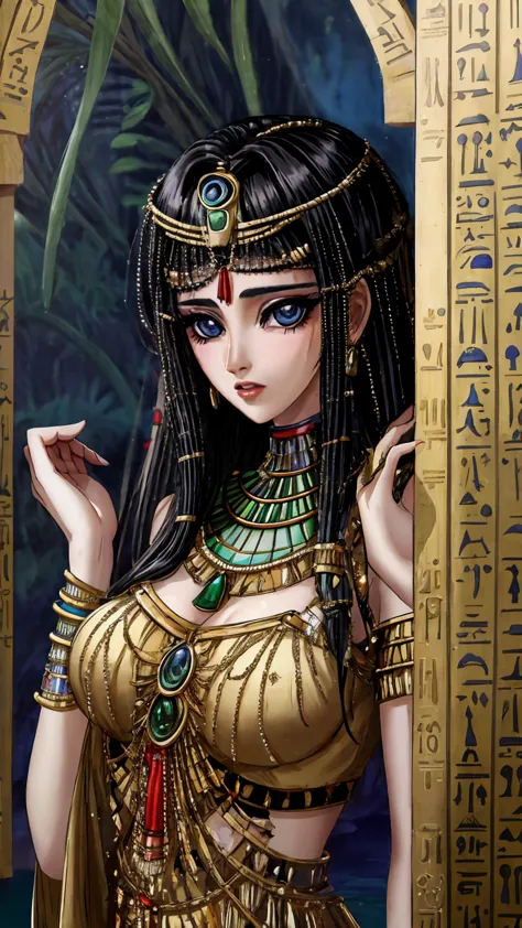 [((a young and beautiful egyptian woman with straight blonde hair and emerald eyes is standing near a lotus pond. she is dressed...