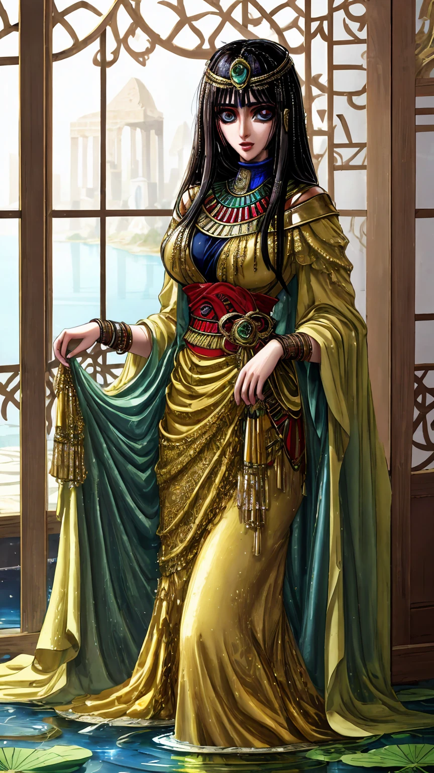 [((A young and beautiful Egyptian woman with straight blonde hair and emerald eyes is standing near a lotus pond. She is dressed in traditional Egyptian clothing, focusing on intricate details and a majestic appearance. The woman has an exquisite and smooth, fair skin and uses Egyptian eyeliner to accentuate the eyes. The image is rendered in very high quality, focusing on the realistic and detailed CG art and beauty of Egyptian culture.)))]