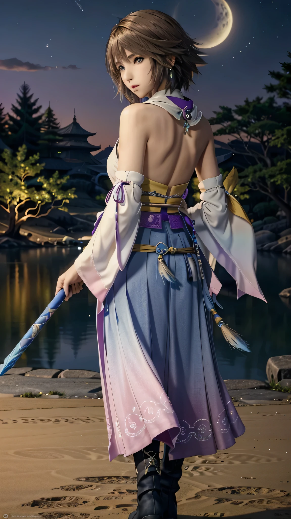 (chef-d&#39;œuvre, la plus haute qualité:1.3)
Yuna FF10,  1 fille, seul,  Cheveux courts, yeux bleus, jupe, cheveux bruns, ornements de cheveux, bijoux, yeux verts, Sont debout, tout le corps, bottes, manche retirée, kimono, bien, Hétérochromie de l&#39;iris, de la même manière, de la même manière jupe, blue de la même manière, purple de la même manière, Yuna (ff10)、vue arrière、Regarder en arrière、Vue nocturne、Lac、forêt