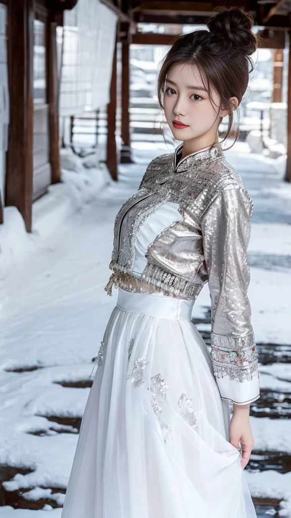 （8K，best quality，masterpiece：1.2），Ultra-high detail，Professional lighting，best quality，Ultra-high resolution，Visually stunning，Character Close-up，A woman with a single bun，Wearing a flowing white dress，Standing in the white snow，Her figure is particularly moving under the sunlight.，Real human skin，（Perfect body 1.3）Super delicate face。