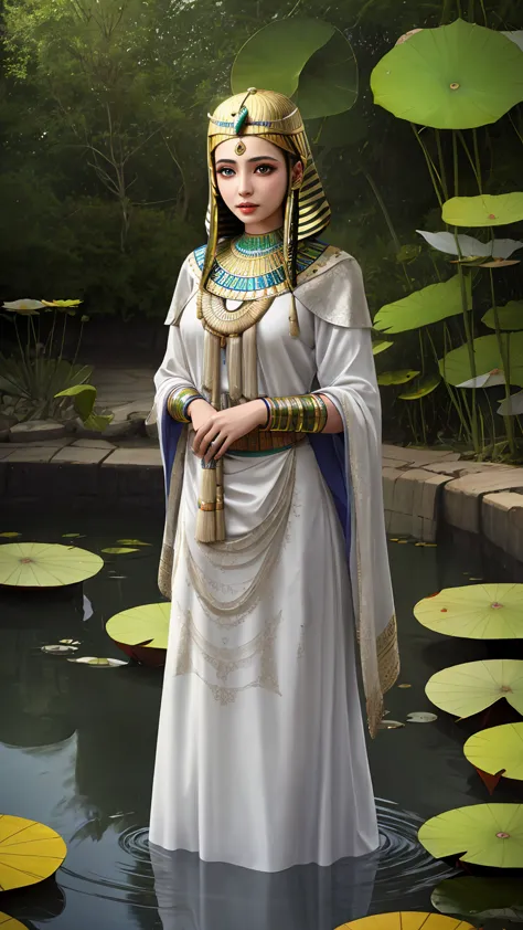 [((A young and beautiful Egyptian woman with straight blonde hair and emerald eyes is standing near a lotus pond. She is dressed...