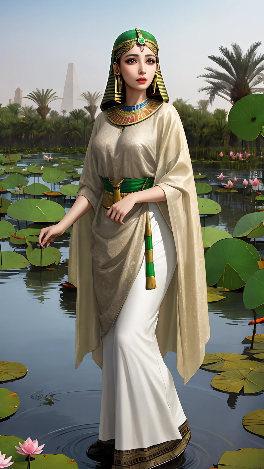 [((A young and beautiful Egyptian woman with straight blonde hair and emerald eyes is standing near a lotus pond. She is dressed in traditional Egyptian clothing, focusing on intricate details and a majestic appearance. The woman has an exquisite and smooth, fair skin and uses Egyptian eyeliner to accentuate the eyes. The image is rendered in very high quality, focusing on the realistic and detailed CG art and beauty of Egyptian culture.)))]