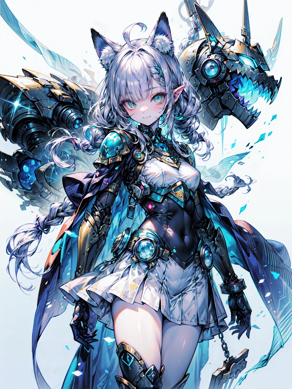 Cat ear, puppet, Green Eyes, Pale skin, Light purple hair, Long Hair, Blunt bangs, Braiding、, Paladin、Long Hair、Blunt bangs、Green Eyes、1 bundle of 3 braids、(Blue Armor、Blue Boots、Blue Helmet、Jeweled、Gold embroidery)、thin、Long skirt、Cowboy Shot、Organic Armor Cyborg、Machinery Armor、Armor Texture、Blake、Very detailed (Dark Elf), (1 Girl), alone, Perfect Face, detailed, Ahoge, ((Long Hair:1.2)), (Hair above one eye:1.3), [[Messy Hair]], smile, Design Art：haruhiko mikimoto, by Kawashi, By Yoshitaka Amano