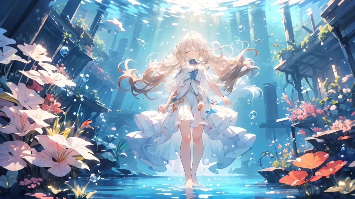 an artwork of a woman in white skirt and flowing white hair under water, 1 Girl, skirt, In the water, , Long Hair, close your eyes, Brown Hair, air bubble, barefoot, bubble