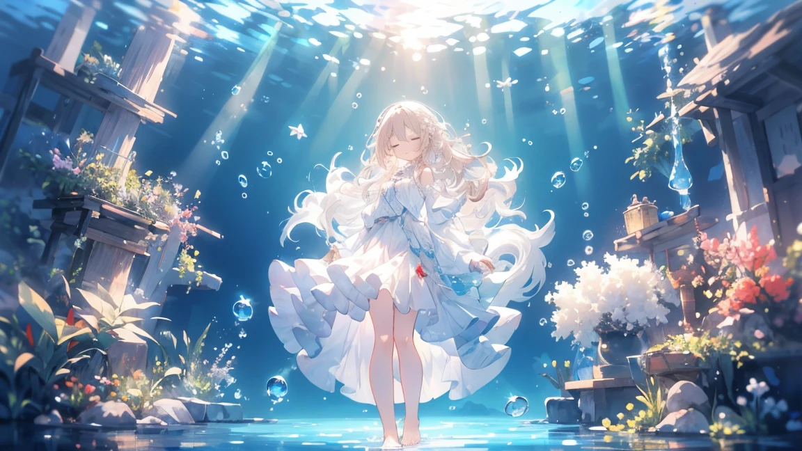 an artwork of a woman in white جيبة and flowing white hair under water, 1 فتاة, جيبة, في الماء, , شعر طويل, اغلق عينيك, شعر بني, air فقاعة, حافي القدمين, فقاعة