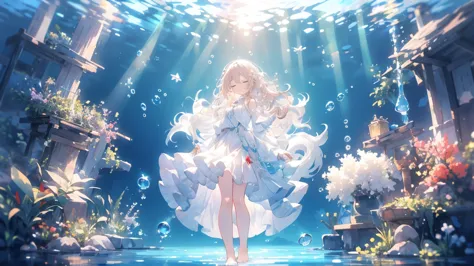 an artwork of a woman in white skirt and flowing white hair under water, 1 Girl, skirt, In the water, Lonely, Long Hair, close y...