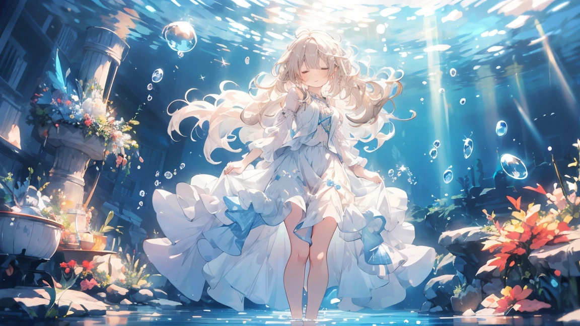 an artwork of a woman in white skirt and flowing white hair under water, 1 Girl, skirt, In the water, , Long Hair, close your eyes, Brown Hair, air bubble, barefoot, bubble