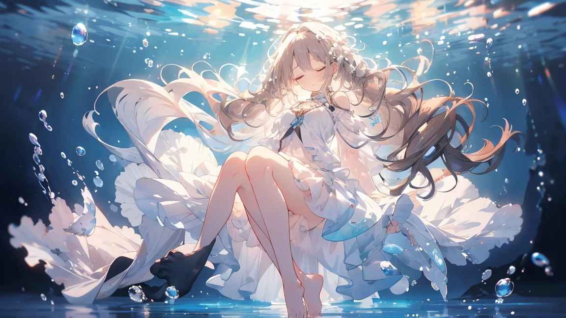 an artwork of a woman in white skirt and flowing white hair under water, 1 Girl, skirt, In the water, , Long Hair, close your eyes, Brown Hair, air bubble, barefoot, bubble