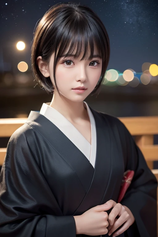 Anatomically correct:1.3), (Professional portrait、Professional Writing)、detailed、(8K, High resolution:1.2)、(RAW Photos, Realistic:1.3)、male、short hair、Black Hair、Long, narrow eyes、kimono、With bangs、Night Sky