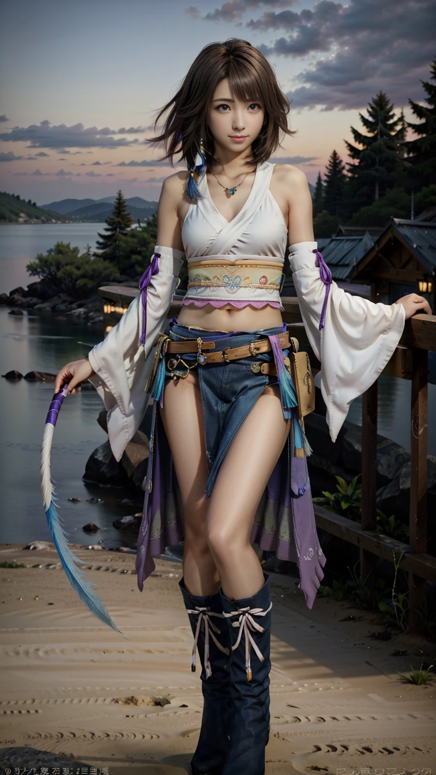 (masterpiece, Highest quality:1.3)
Yuna FF10,  One girl, alone, smile, short hair, blue eyes, skirt, Brown Hair, hair ornaments, jewelry,, Are standing, whole body, boots, Removable sleeves, kimono, Very good, Heterochromia iridis, In the same way, In the same way skirt, blue In the same way, purple In the same way, Yuna (ff10),Backwards、Night view、lake、forest