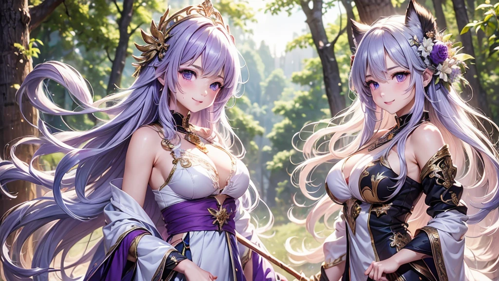 (8k, best quality, masterpiece:1.2), fire emblem genealogy of the holy war, diadora, lavender hair, wavy hair, delicate, long staff, white-based robe, beautiful girl, in the forest, glamorous, purple eyes, mystical, golden dragon, beautiful eyes,One Girl,((Beautiful smile)), Exposed shoulders, Dynamic Angle,magic,A sad expression,mysterious,Moon Goddess,Fluffy long hair,Gradient Hair,